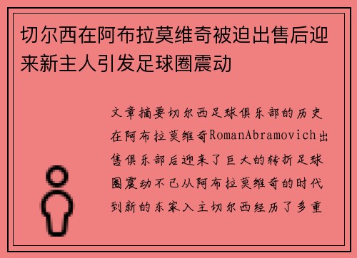 切尔西在阿布拉莫维奇被迫出售后迎来新主人引发足球圈震动