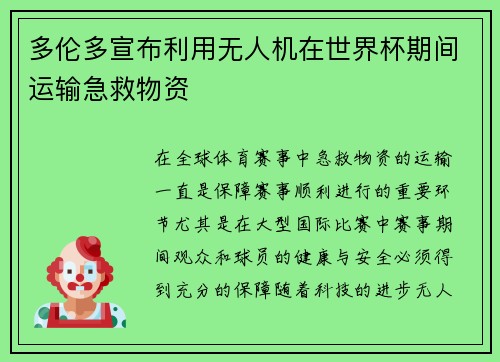 多伦多宣布利用无人机在世界杯期间运输急救物资