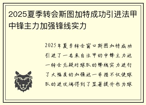 2025夏季转会斯图加特成功引进法甲中锋主力加强锋线实力